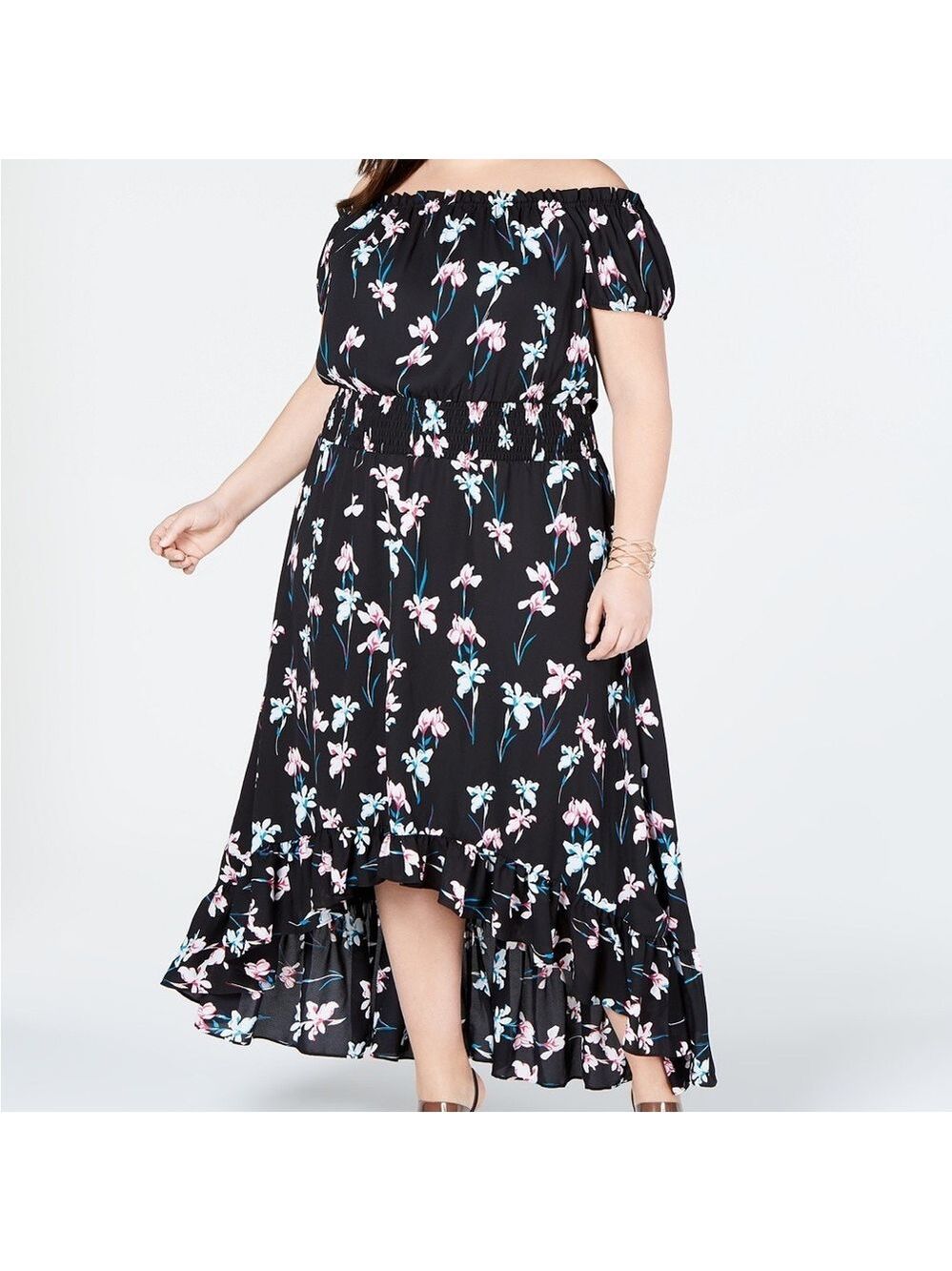 INC International Concepts Black Floral Standing Lily Midi Off Shoulder Dress 2X